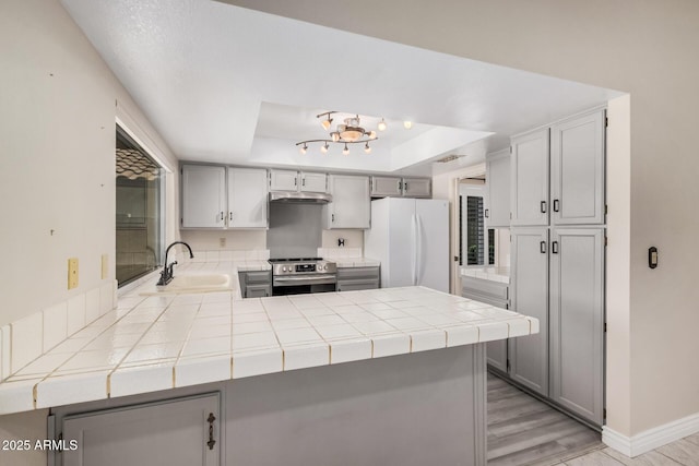 1549 N La Rosa Dr, Tempe, AZ 85288 - kitchen featuring freestanding refrigerator, stainless steel range with electric stovetop, a peninsula, under cabinet range hood, and a raised ceiling