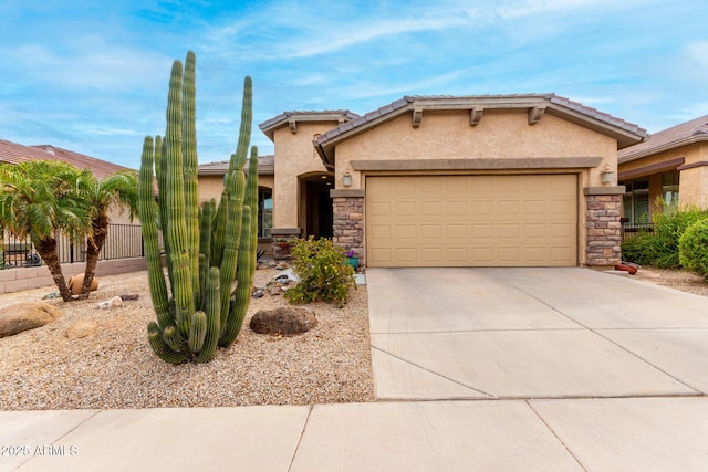 view of front facade with concrete driveway, stone siding, fence, and stucco siding