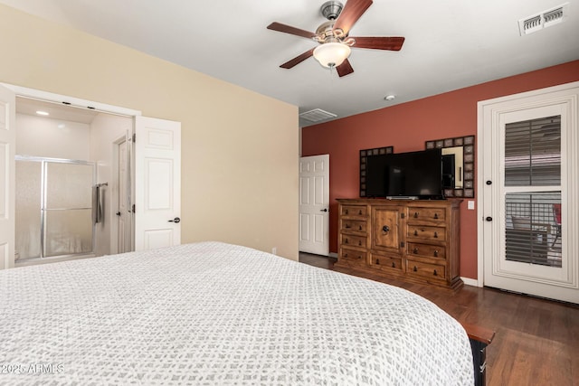 bedroom with access to outside, wood finished floors, visible vents, and a ceiling fan