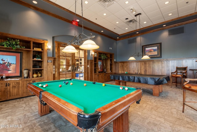 game room with carpet floors, pool table, a wainscoted wall, and visible vents