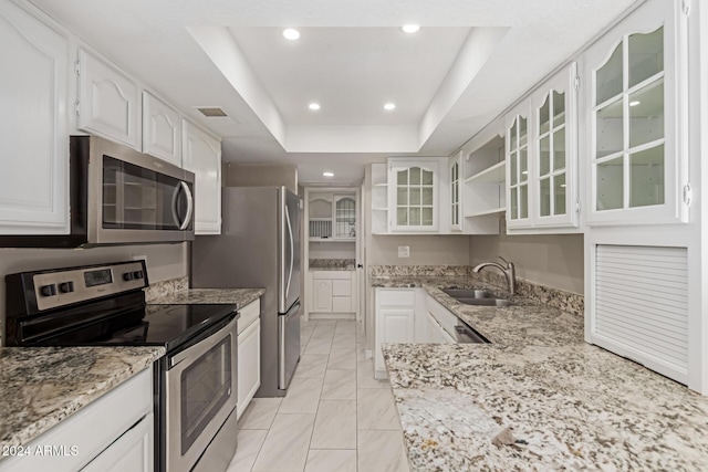 kitchen with light stone counters, stainless steel appliances, a raised ceiling, sink, and white cabinets