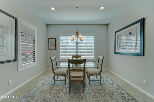 dining room with recessed lighting, a notable chandelier, and baseboards