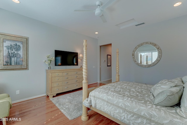 bedroom featuring recessed lighting, a ceiling fan, visible vents, baseboards, and light wood-type flooring