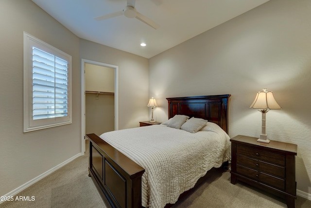 bedroom featuring recessed lighting, baseboards, a closet, and light colored carpet