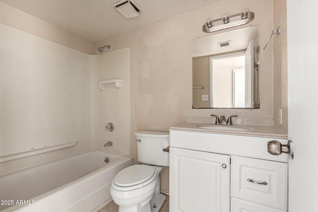 full bath with toilet, vanity, shower / bathtub combination, and visible vents