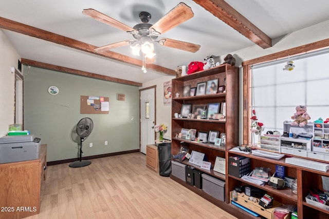 interior space featuring beam ceiling, light hardwood / wood-style floors, and ceiling fan