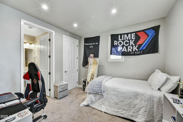 bedroom with recessed lighting, carpet, and visible vents