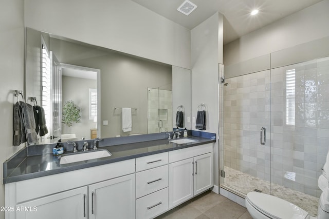 full bathroom with a sink, visible vents, toilet, and a shower stall