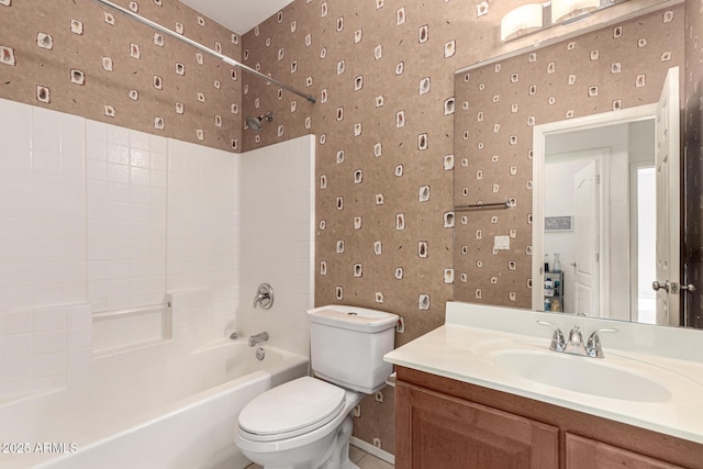 bathroom featuring toilet, wallpapered walls, bathing tub / shower combination, and baseboards