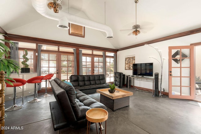 living room with french doors, ceiling fan, and lofted ceiling