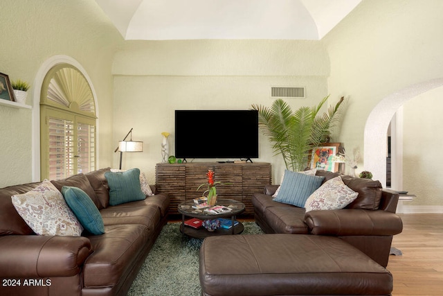 living room with light hardwood / wood-style floors and lofted ceiling