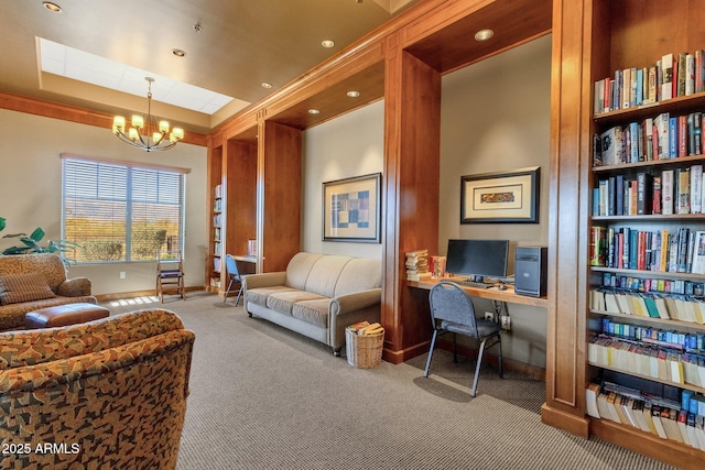 interior space with a notable chandelier, baseboards, a raised ceiling, and light colored carpet