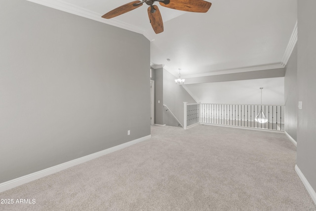 bonus room featuring ceiling fan, carpet flooring, baseboards, and a chandelier