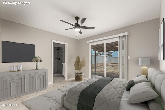 9105 N 13th St, Phoenix, AZ 85020 - bedroom featuring ceiling fan, baseboards, ensuite bathroom, marble finish floor, and access to outside