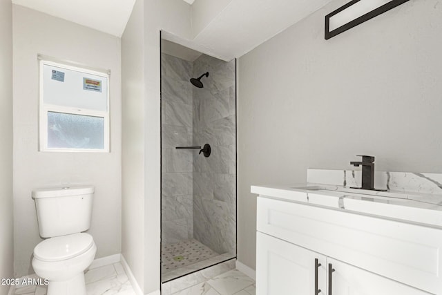 9105 N 13th St, Phoenix, AZ 85020 - bathroom with baseboards, toilet, a tile shower, marble finish floor, and vanity