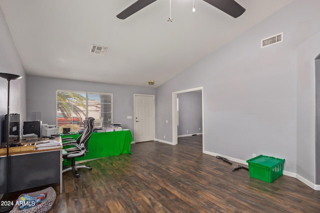 office space featuring high vaulted ceiling, ceiling fan, and dark wood-type flooring