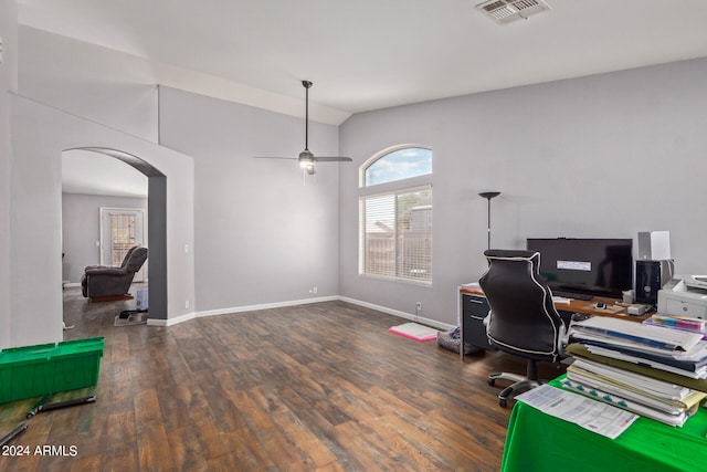 office area with high vaulted ceiling, ceiling fan, and dark hardwood / wood-style floors