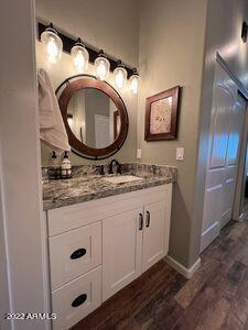 bathroom featuring hardwood / wood-style flooring and oversized vanity