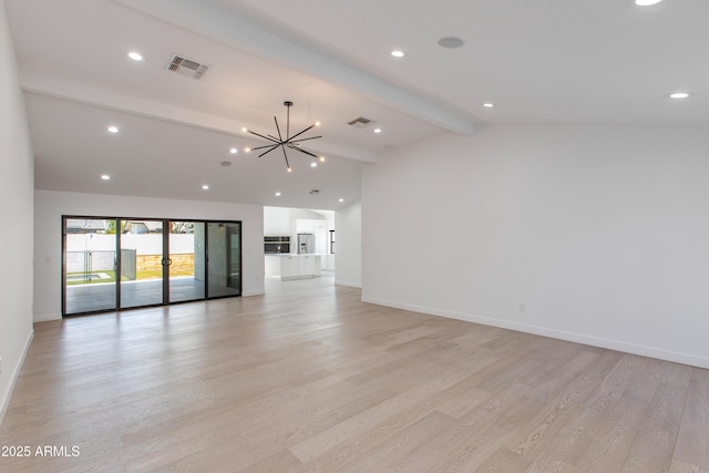unfurnished living room with a chandelier, light wood-style floors, baseboards, and recessed lighting