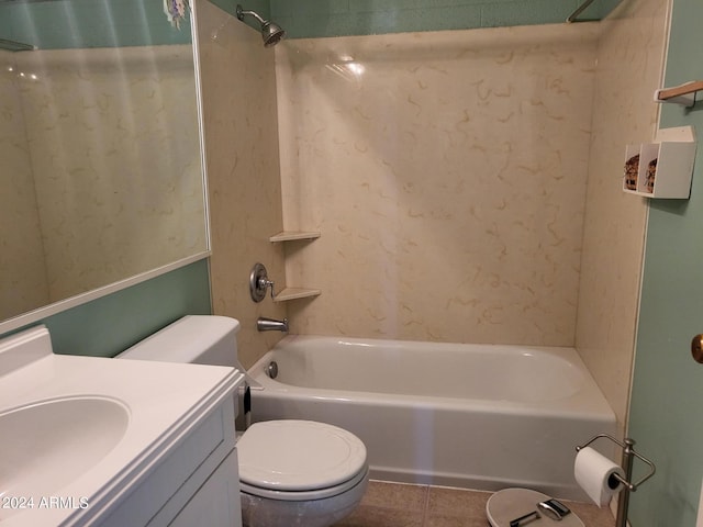 full bathroom with tile patterned flooring, toilet,  shower combination, and vanity