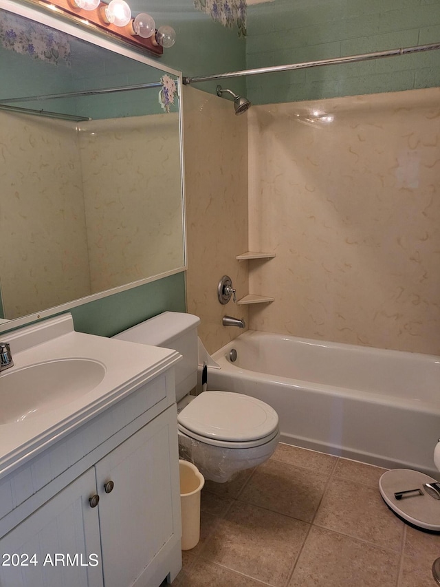 full bathroom with shower / bath combination, vanity, toilet, and tile patterned flooring