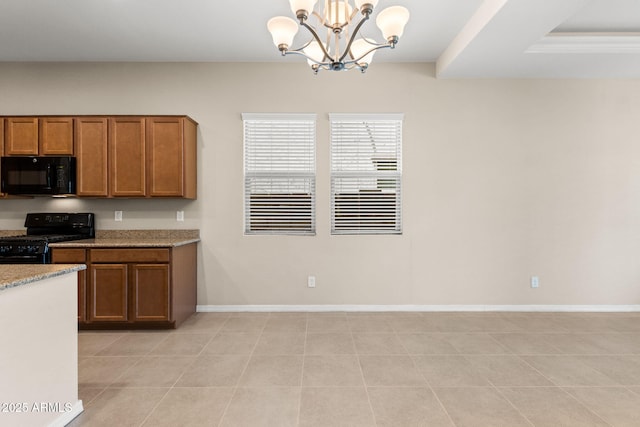 3072 E Appaloosa Rd, Gilbert, AZ 85296 - kitchen featuring a chandelier, pendant lighting, light stone countertops, brown cabinetry, and black appliances