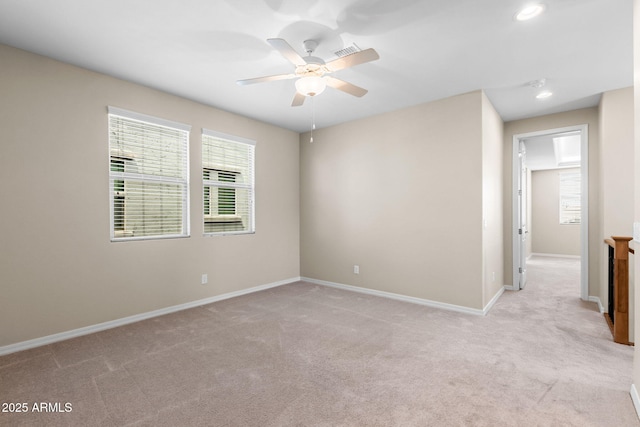 3072 E Appaloosa Rd, Gilbert, AZ 85296 - spare room with visible vents, baseboards, recessed lighting, light colored carpet, and ceiling fan
