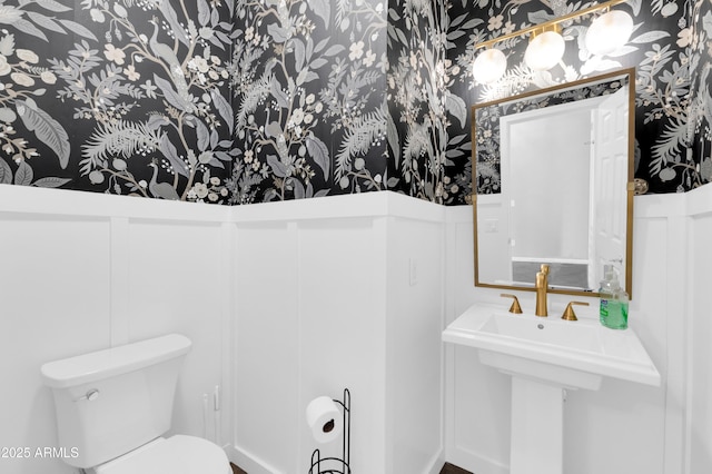 18544 E Caledonia Dr, Queen Creek, AZ 85142 - bathroom with a sink, a decorative wall, toilet, and wallpapered walls