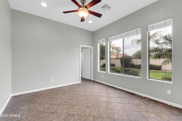 18544 E Caledonia Dr, Queen Creek, AZ 85142 - unfurnished room with recessed lighting, visible vents, ceiling fan, and baseboards