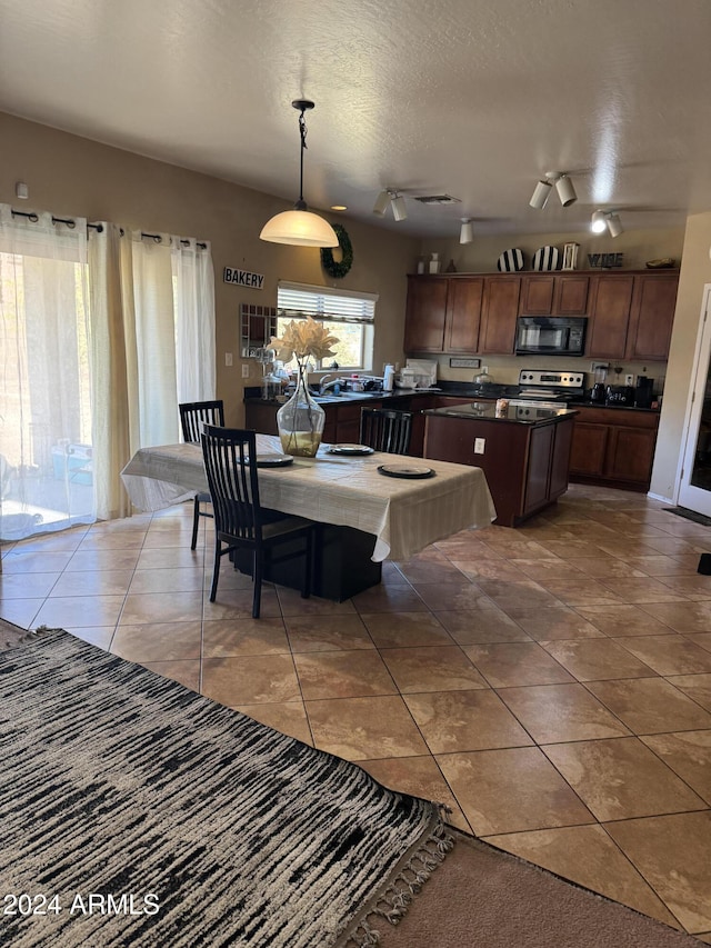 dining room featuring a textured ceiling, dark tile patterned flooring, and a wealth of natural light