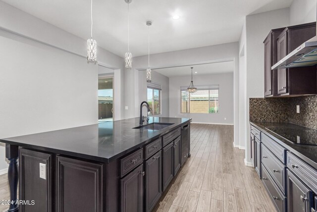 kitchen featuring dark brown cabinets, a kitchen island with sink, tasteful backsplash, and sink