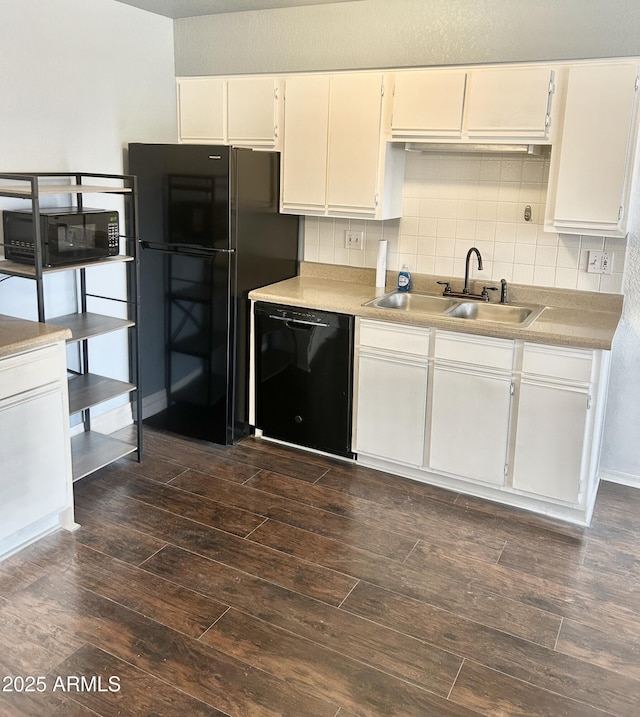 1440 N Idaho Rd Unit 2041, Apache Junction, AZ 85119 - kitchen with black appliances, dark wood-style flooring, light countertops, decorative backsplash, and white cabinetry