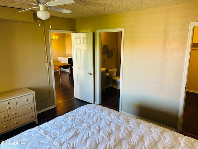 bedroom featuring a textured ceiling, connected bathroom, ceiling fan, and dark wood-type flooring