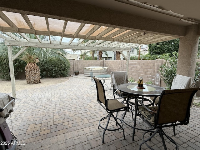 view of patio / terrace featuring outdoor dining space, a pergola, a fenced backyard, a grill, and a hot tub