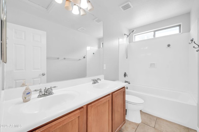 bathroom with tile patterned floors, visible vents, a sink, shower / tub combination, and double vanity