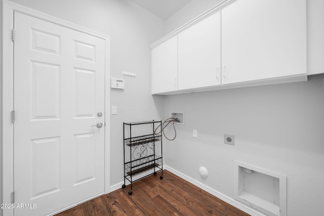 laundry area with dark wood finished floors, cabinet space, baseboards, hookup for an electric dryer, and hookup for a washing machine