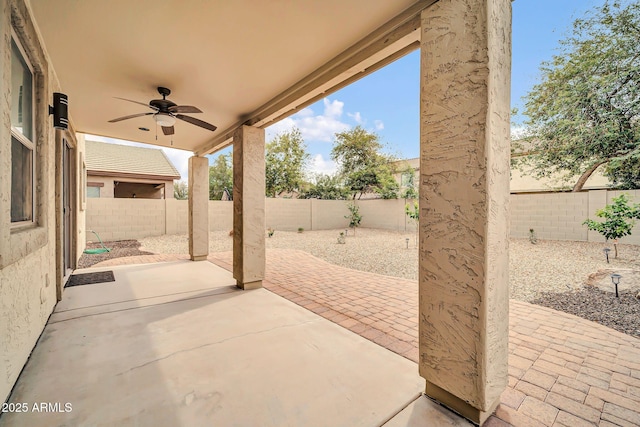 view of patio / terrace featuring a ceiling fan and a fenced backyard