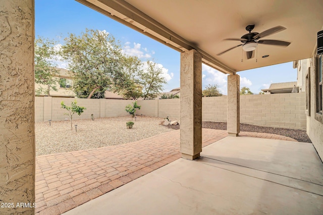 view of patio / terrace featuring a fenced backyard and ceiling fan