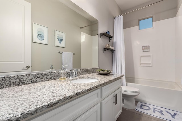 full bathroom featuring shower / bath combination with curtain, toilet, tile patterned flooring, and vanity