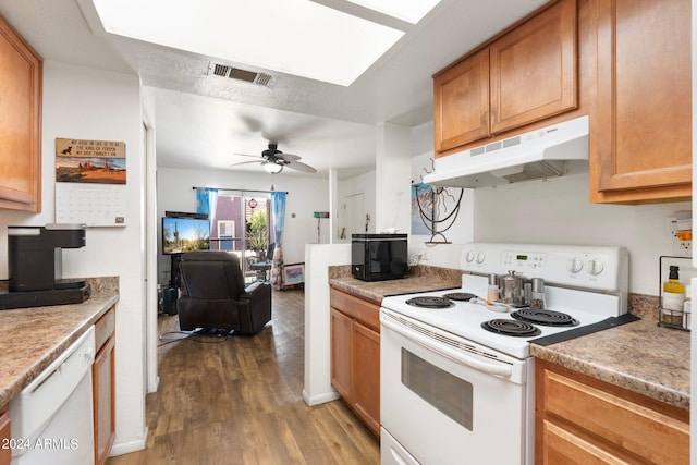 kitchen featuring wood-type flooring, white appliances, and ceiling fan