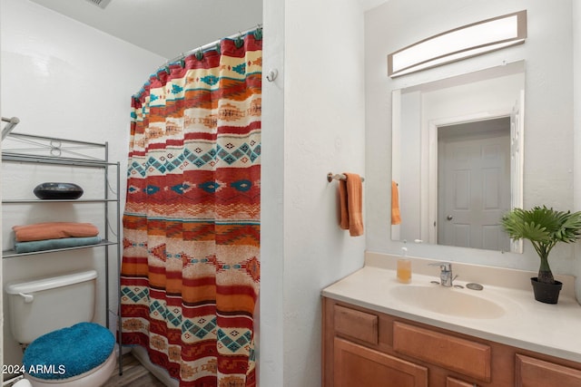 bathroom with wood-type flooring, vanity, toilet, and a shower with shower curtain