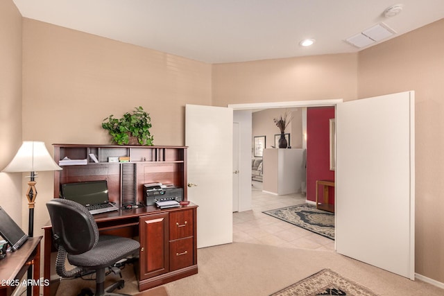 home office with light tile patterned floors