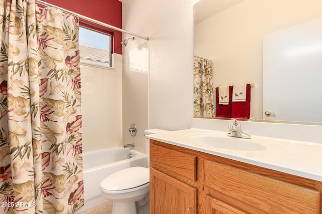 full bathroom with shower / bath combination with curtain, toilet, and vanity