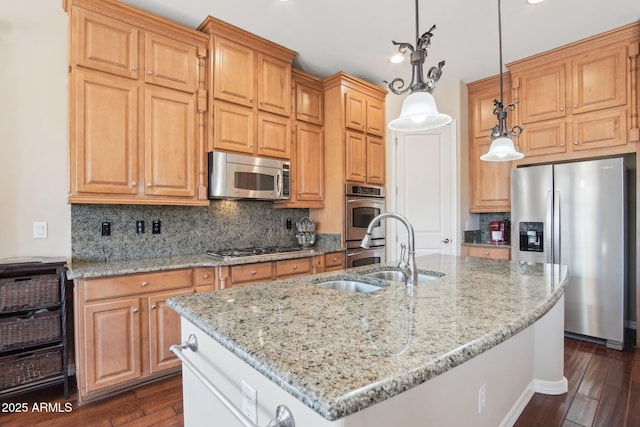 9305 E Canyon View Rd, Scottsdale, AZ 85255 - kitchen featuring light stone counters, dark wood finished floors, a sink, appliances with stainless steel finishes, and tasteful backsplash