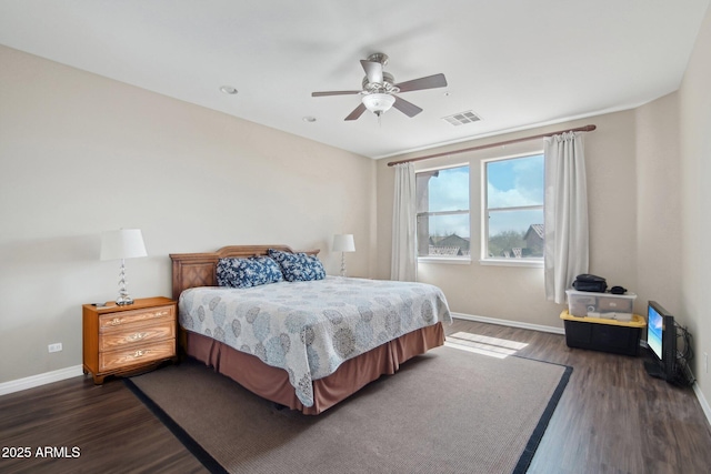 9305 E Canyon View Rd, Scottsdale, AZ 85255 - bedroom with a ceiling fan, dark wood-type flooring, baseboards, and visible vents