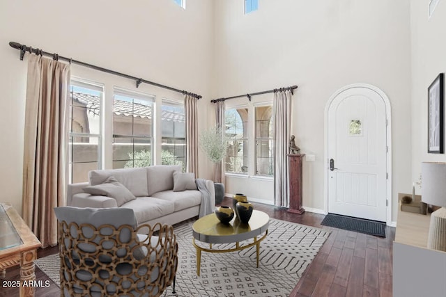 9305 E Canyon View Rd, Scottsdale, AZ 85255 - living room with baseboards, dark wood finished floors, and a towering ceiling