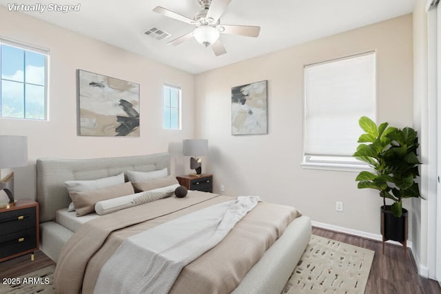 9305 E Canyon View Rd, Scottsdale, AZ 85255 - bedroom featuring a ceiling fan, baseboards, visible vents, and dark wood-style flooring