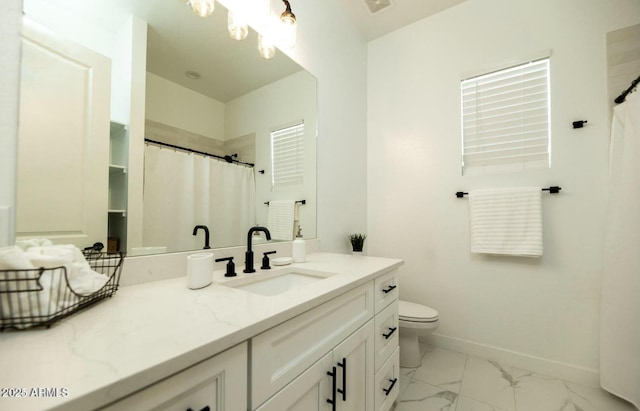 bathroom with visible vents, toilet, marble finish floor, baseboards, and vanity