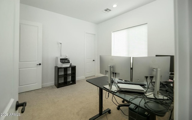 carpeted office with visible vents, recessed lighting, and baseboards