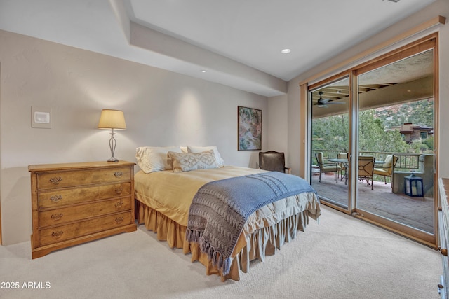 bedroom with access to outside, recessed lighting, and carpet floors